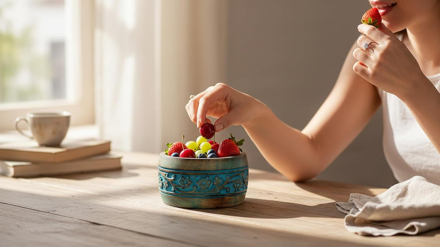 Handmade " Decorative Mango Wood Snack Serving Bowl For Dry Fruits Chips / Blue Wash Finish / 5 x 3