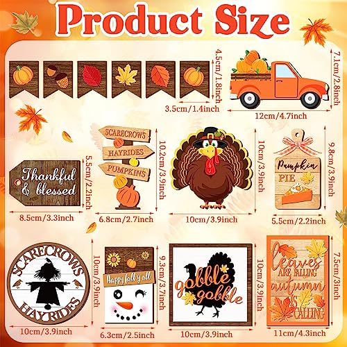 FairySandy 14 Pcs Fall Thanksgiving Tiered Tray Decor Set, Turkey Wood Sign