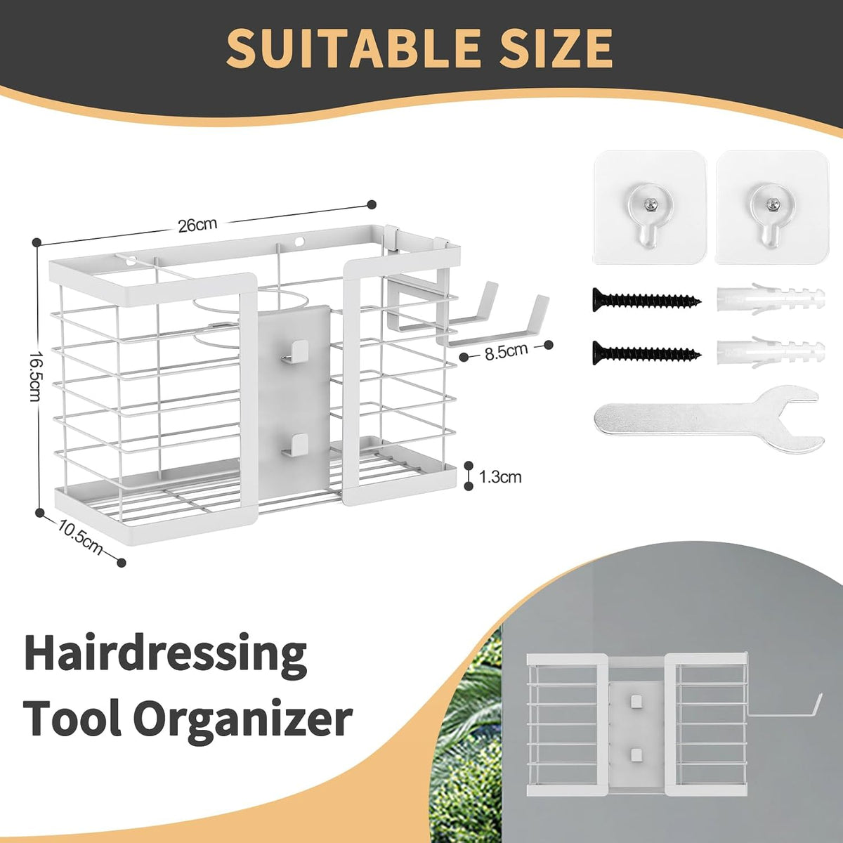 FUNKYLEE Hair Tool Organizer, 3 in 1 Metal Bathroom Blow Dryer Organizer Wall Mount for Flat Iron, Curling Iron