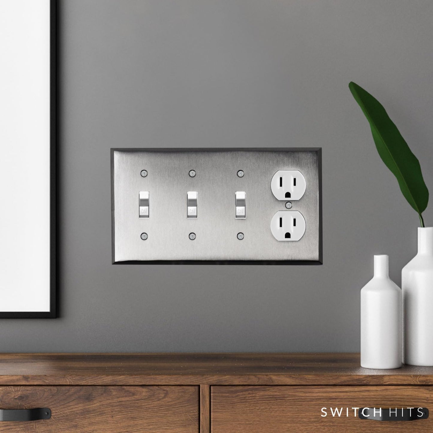 Satin Nickel Outlet Wall Plate | 3 Toggle - 1 Duplex | 8.25" x 4.5" | Hand-Polished Brass Construction | Electrical
