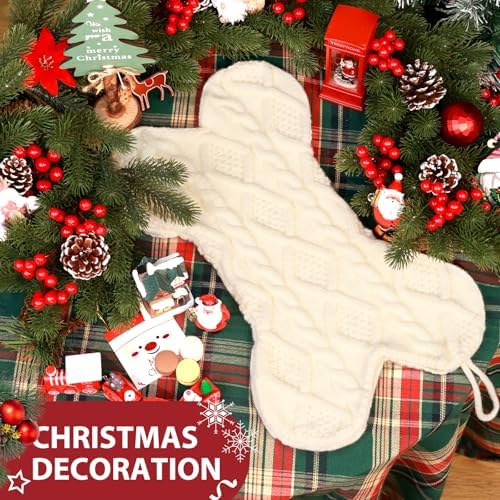 Hommtina Dog Christmas Stocking, Bone Shape Christmas Stocking for Dogs, Xmas Fireplace Hanging Stockings for Pets, Knit Dog Stockings Christmas Decorations(Bone, Classic White)