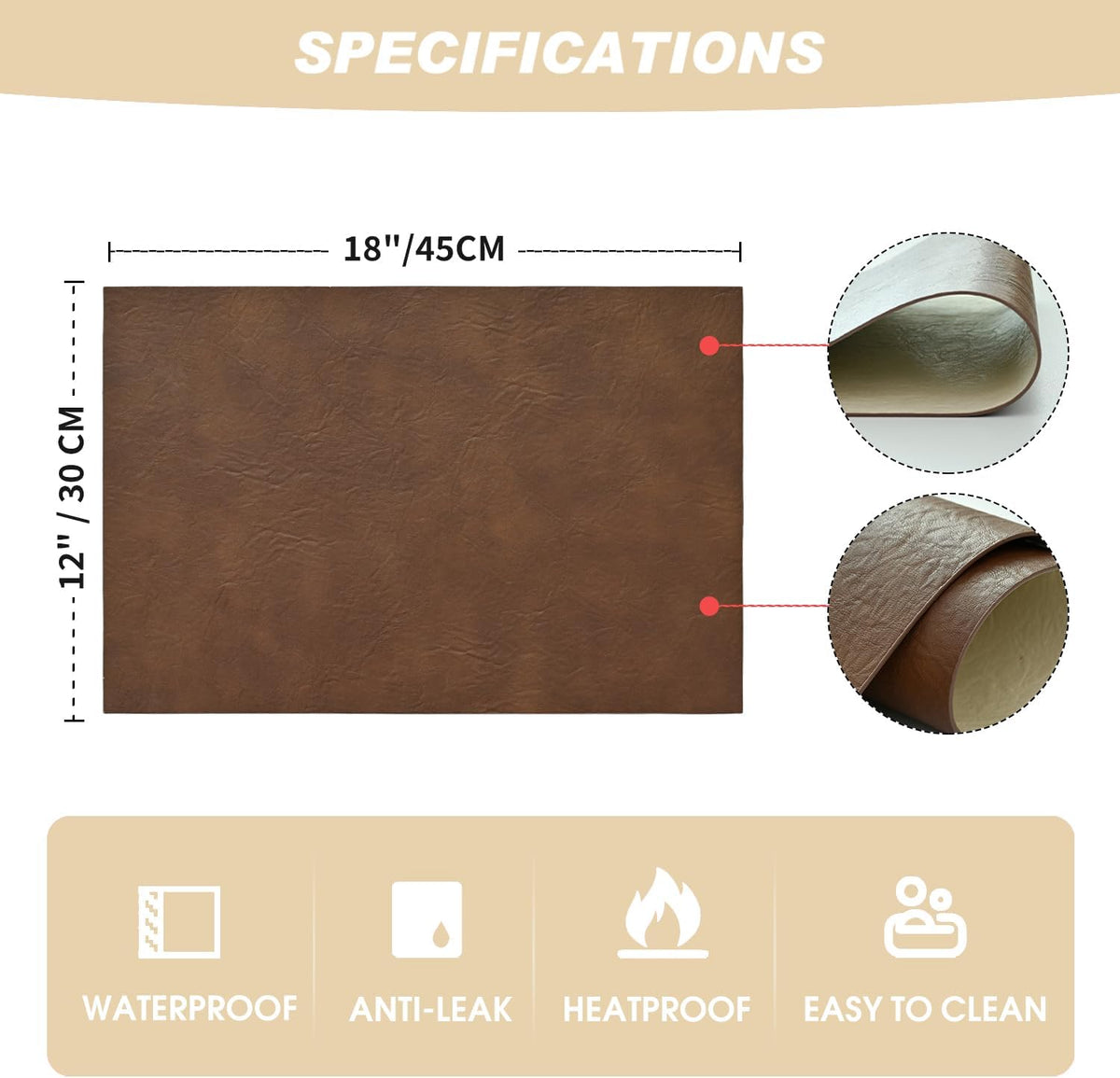 Artoid Mode Brown Faux Leather Placemats Set of 6, 12x18 Inch Waterproof Wipeable Heat Resistant Vinyl Place Mats