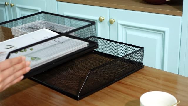 Hicarer 4 Pcs Black Metal Letter Tray Stackable Desk Tray Single Wire Mesh Organizer Front Load File Paper Holder for