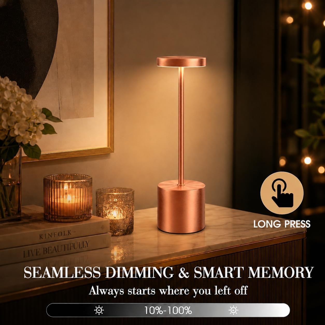 Rose Gold Cordless Table Lamps Set of 2, Battery Operated Rechargeable LED Lamps with Touch Control, 3 Color