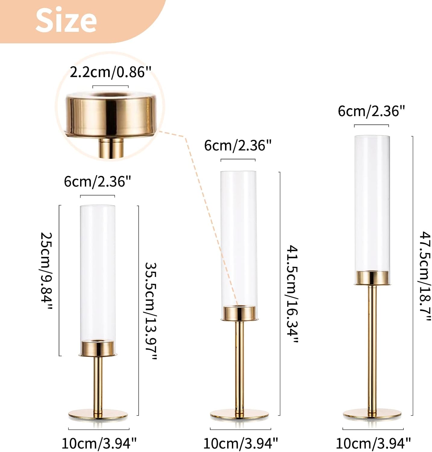Nuptio Gold Candlestick Holder Tall Hurricane Candle Holder Set of 3 Taper Candle Holders Candle Stand Glass Cover