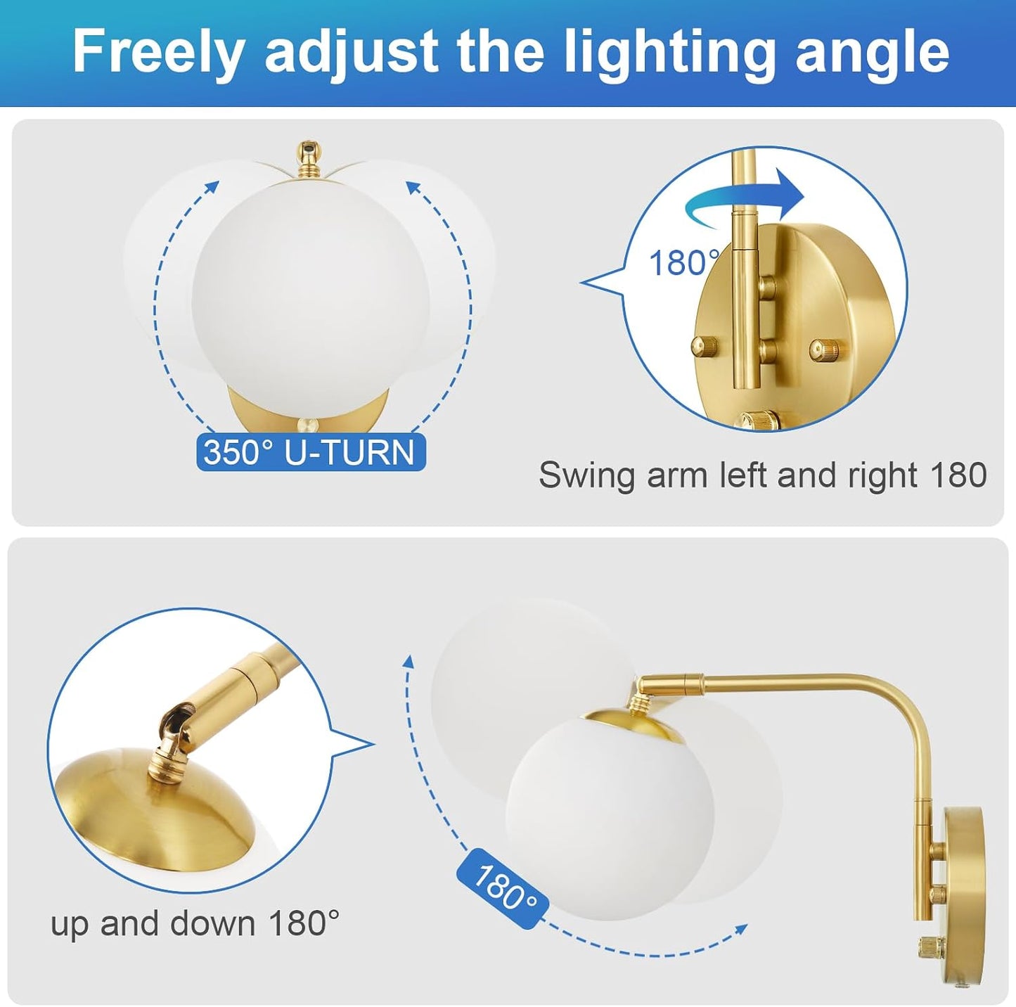 VATONI Dimmable Wall Sconces Plug in, Swing Arm Wall Lights with Plug in Cord and Dimmer On/Off Knob Switch, Dimmable
