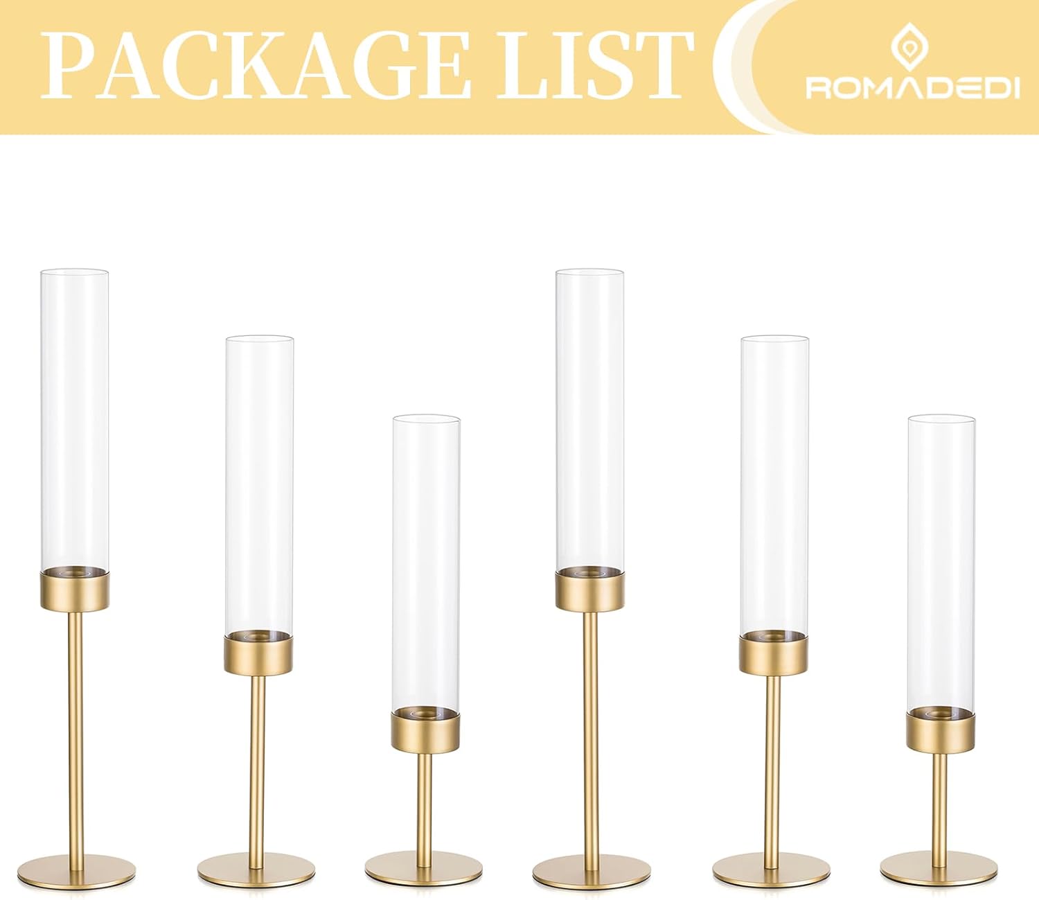 Romadedi Glass Hurricane Candle Holders for Candlestick, Gold, Set of 6 | Removable Borosilicate Clear Glass Cylinder
