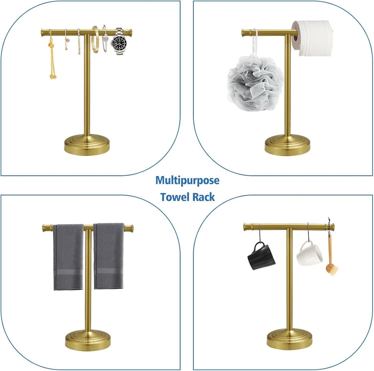 RUMOSE Brushed Gold Hand Towel Holder Stand Countertop Towel Rack | 13 Inch Bathroom Kitchen Vanity T-Shape Towel Stand