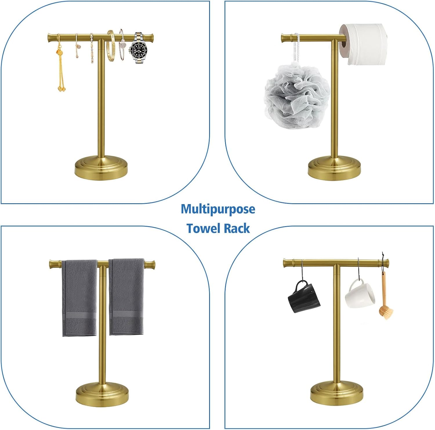 RUMOSE Brushed Gold Hand Towel Holder Stand Countertop Towel Rack | 13 Inch Bathroom Kitchen Vanity T-Shape Towel Stand