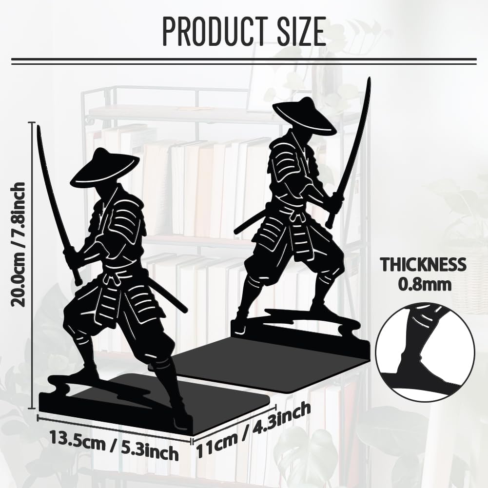 Japanese Anime Warrior Heavy Duty Metal Book Ends for Men / Japanese Samura / Black