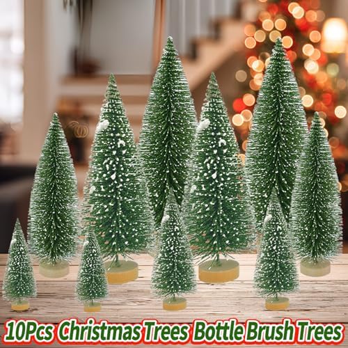 Yahpetes Christmas Trees 10 Pcs Bottle Brush Christmas Trees 5 Size Artificial Christmas Sisal Snow Frost Trees Pine Trees with Wood Base for Tabletop Christmas Party Home Indoor Decor (Dark Green)