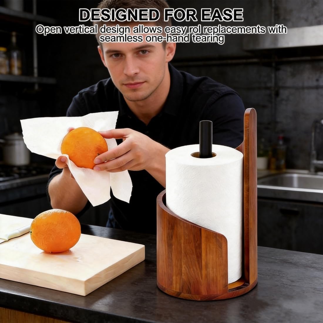 Large Size Countertop Paper Towel Holder with Mango Wood Round Base and Iron Stand, Kitchen Roll Organizer for Kitchen