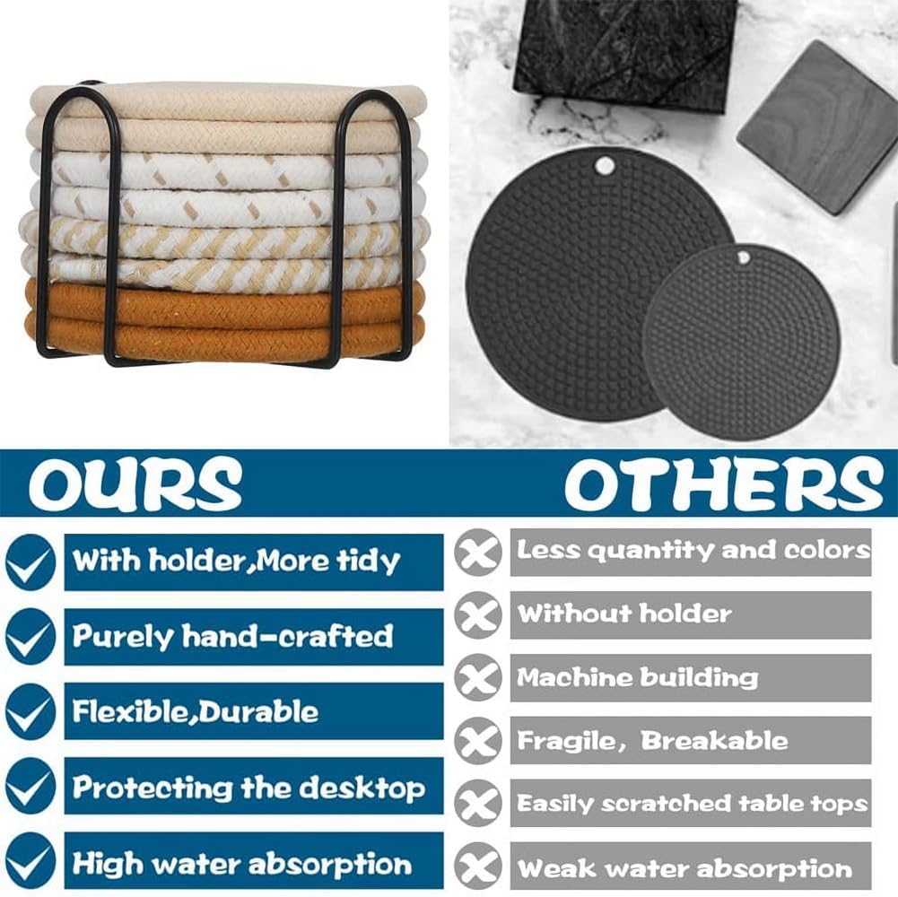 Metal Holder / Boho Woven Absorbent Coaster Set 8 Colors Heat Resistant Coasters / Set of 16
