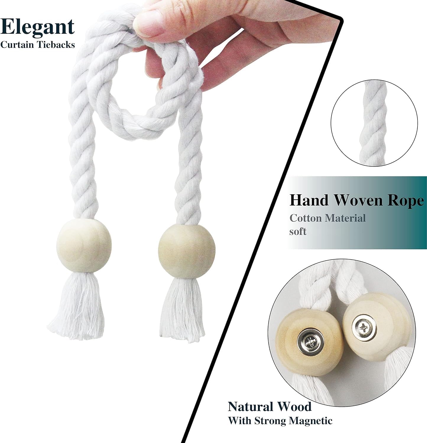 Magnetic Curtain Tiebacks Decorative Tie Back Drapes Holdbacks Nieffeiy | 6 Pack White Cotton Hand Woven Rope Curtain