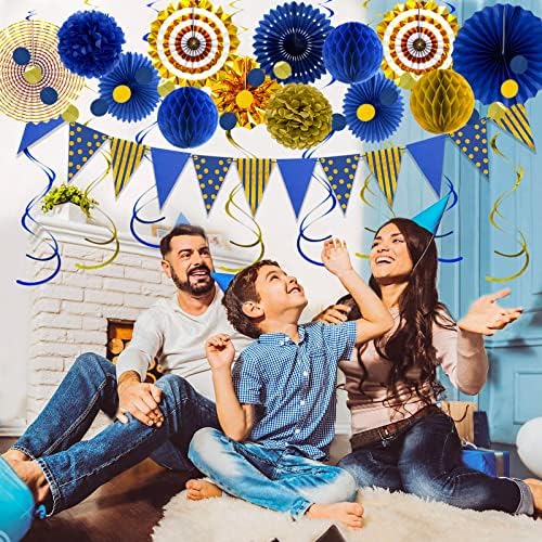 24 Pcs Blue Gold Party Decorations, Paper Fans Pom Poms Banner