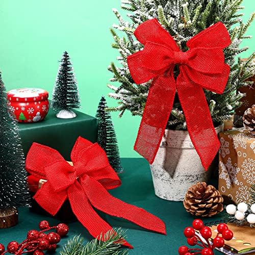 Xinnun 6 Pcs Christmas Burlap Bows Wreath Bows,Plain Style,Red