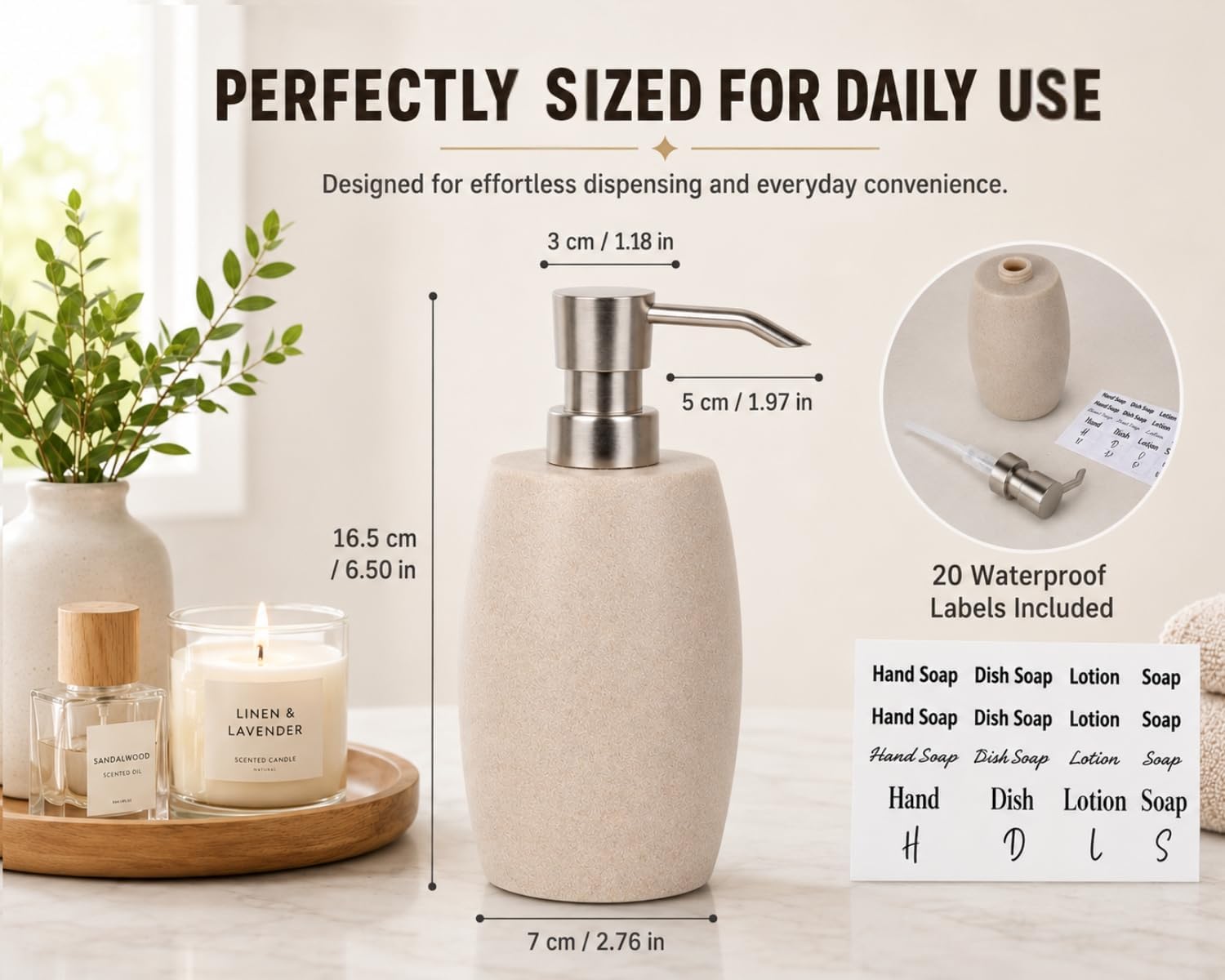 Clasin Home Sandstone Textured Resin Soap Dispenser with Metallic Pump and Waterproof Bottle Labels for Bathroom