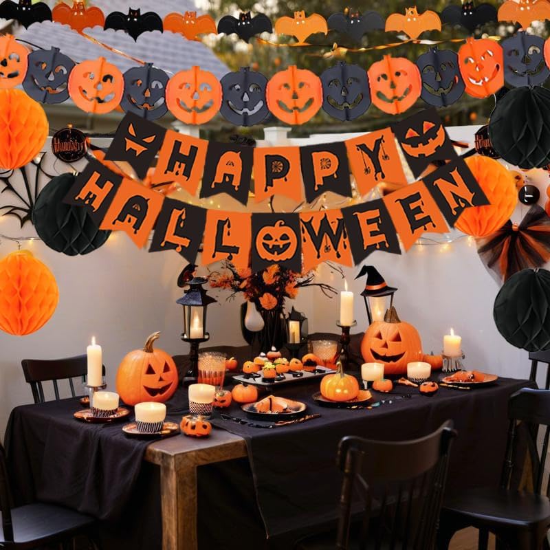 Halloween Party Decorations Happy Halloween Banner Black Orange Pumpkin Bats Decorations for Home Classroom Office Decorations ﻿