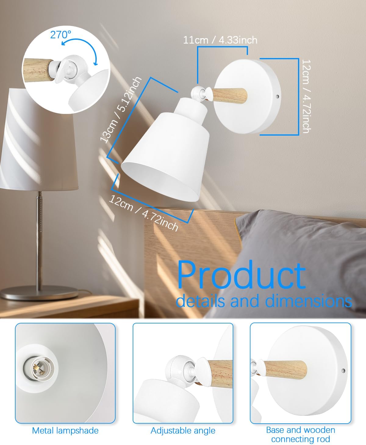 White Battery Operated Wall Sconce Set of Two, Easy to Install Wireless Lights for Wall, Remote Control Dimmable LED