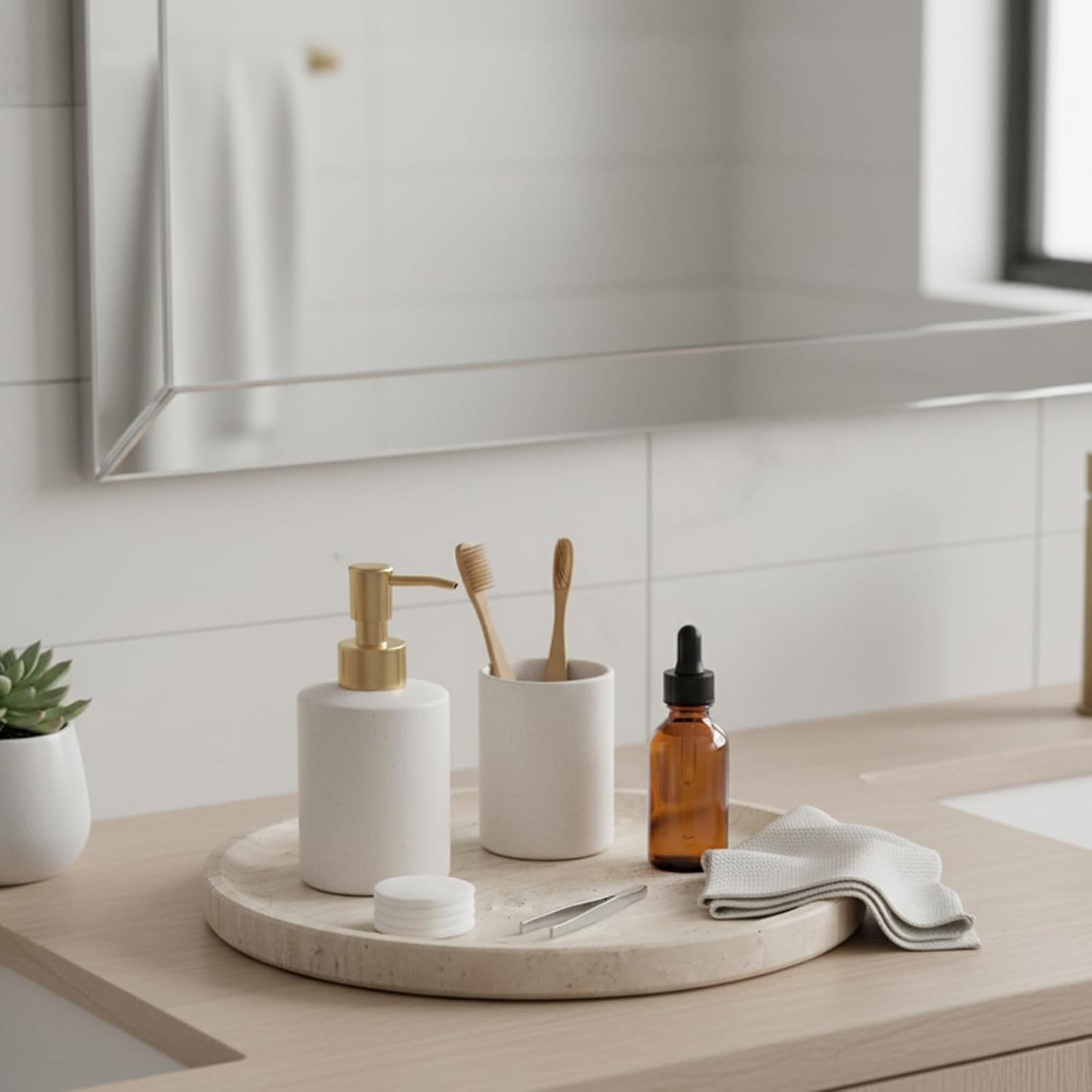 Round Serving Tray / Travertine Beige / 9.8 / 10 Inch