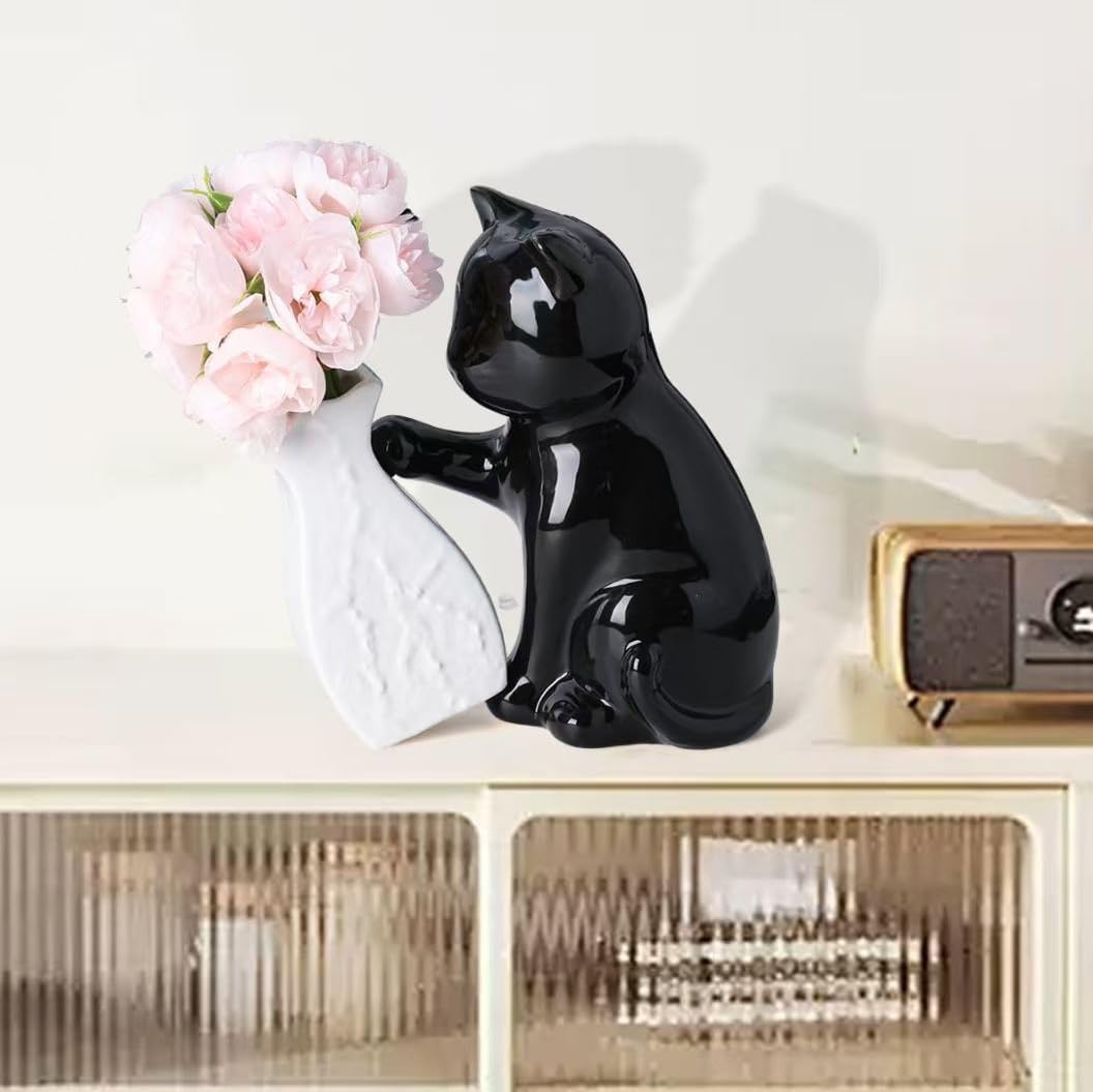 Cat Figurines Statue Figurine Ceramics Cat Decor Home Office Desk Decor Gift for Cat Lovers / Black