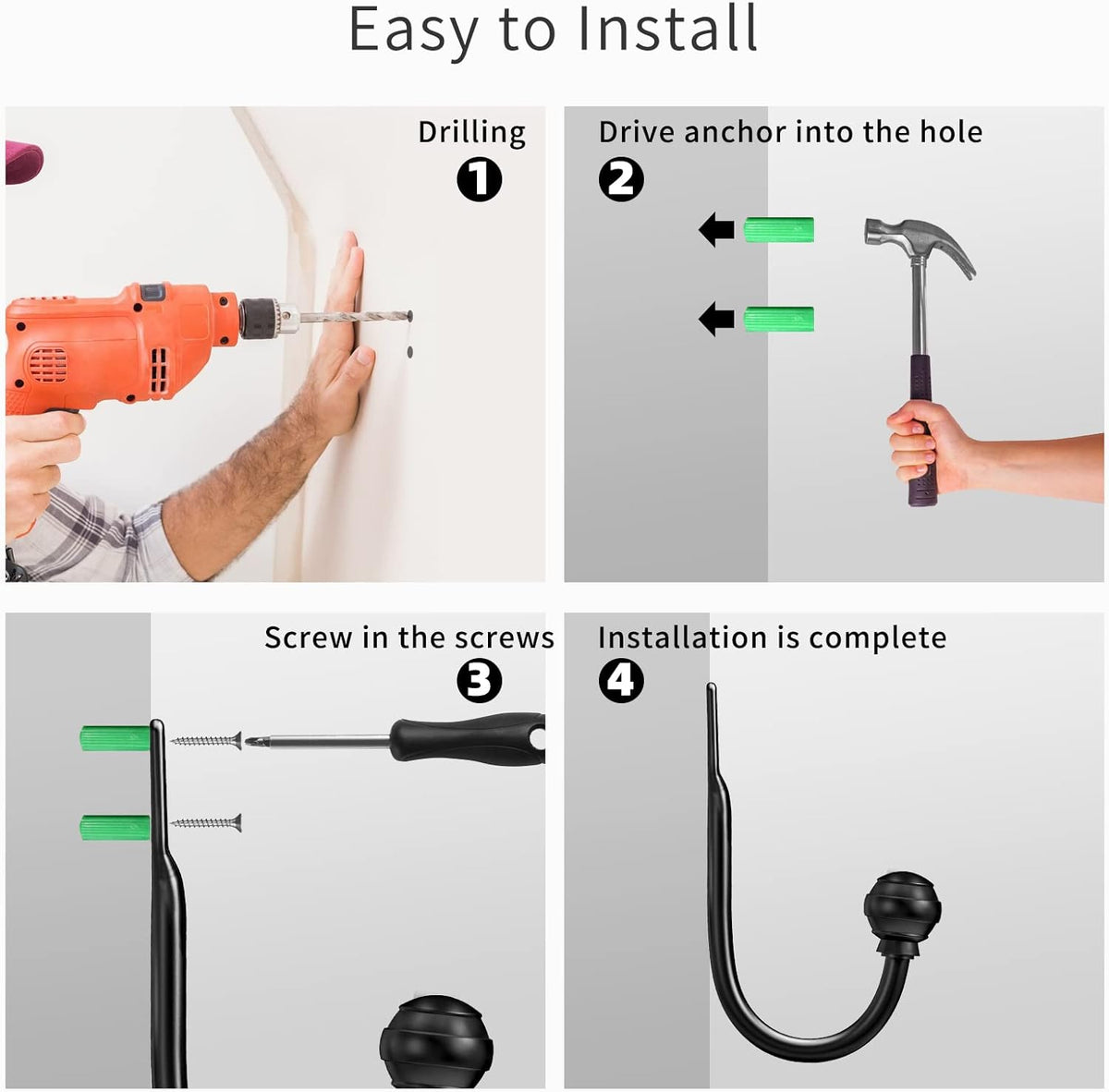 Hion Curtain Holdbacks Black 6pcs, Curtain Tiebacks Wall Mounted Hooks | Curtain Holders for Drapes, One-Piece Metal