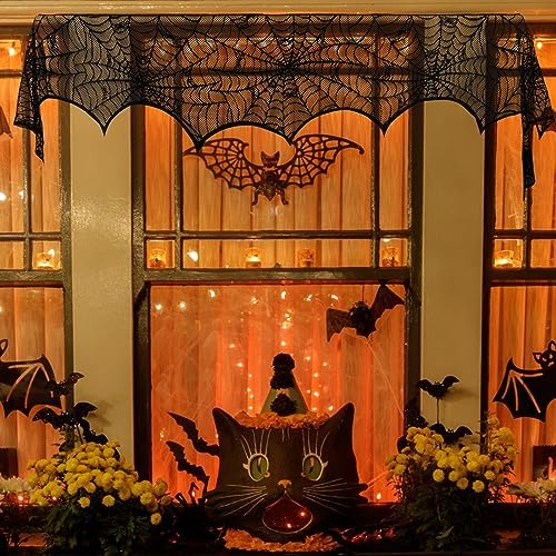 Hooqict Halloween Decoration Halloween Black Lace Spiderweb Fireplace Mantle Scarf Cover for Halloween Party Supplies 18 x 96 Inch