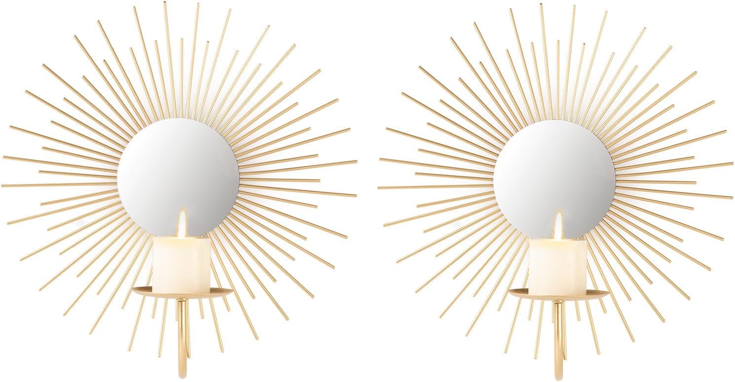AIM & GGKK Wall Candle Sconce Holder,Set of 2 Mirror Wall Mounted Metal Candle Holder for Home,Living Room, Dining