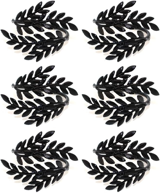 Set of 6 Black Leaf Halloween Metal Napkin Ring Holders