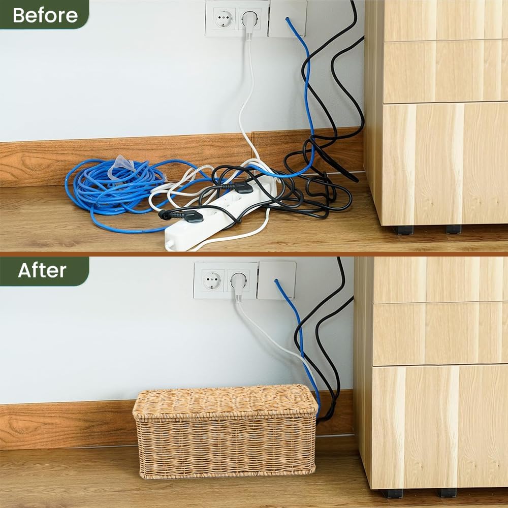 Handmade Rattan Cable Organizer / Natural / Rectangle