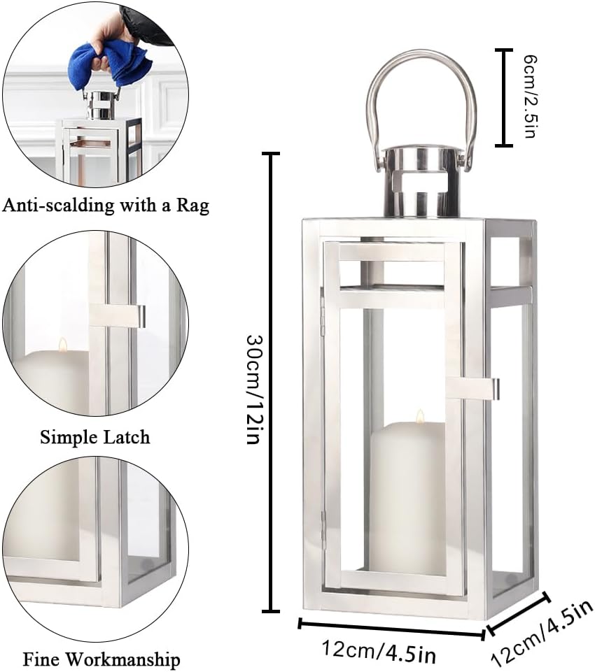 TRIROCKS Stainless Steel Decorative Lantern 12'' High Metal Hanging Lantern with Tempered Glass Perfect for Home Decor