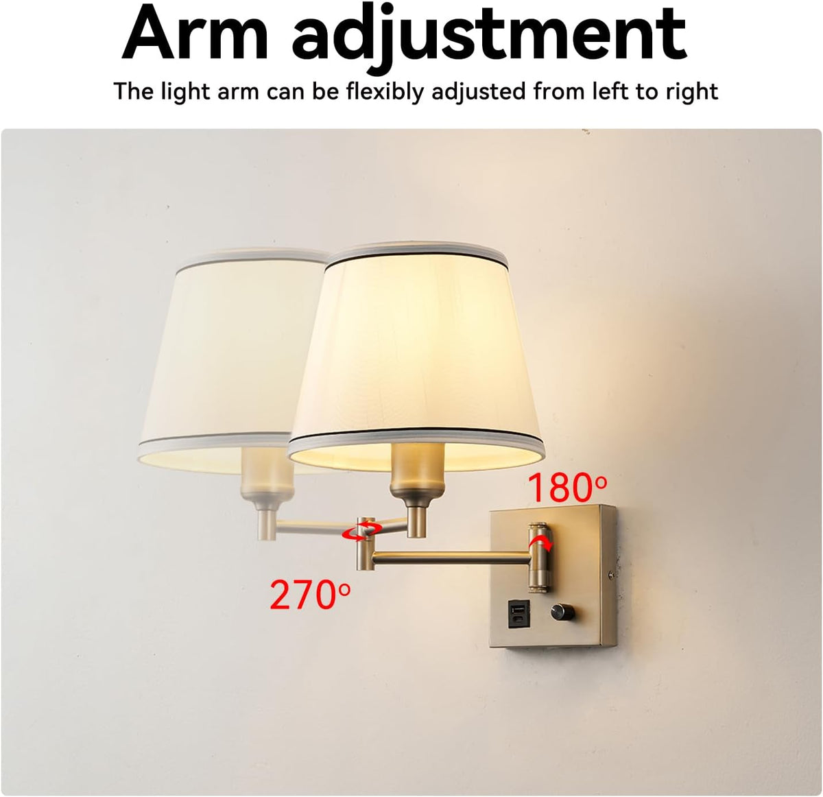 Swing Arm Wall Lamp, Satin Nickel, White Fabric Shade | Type-C and USB Charging Port, Dimmable Switch, Plug in Wall