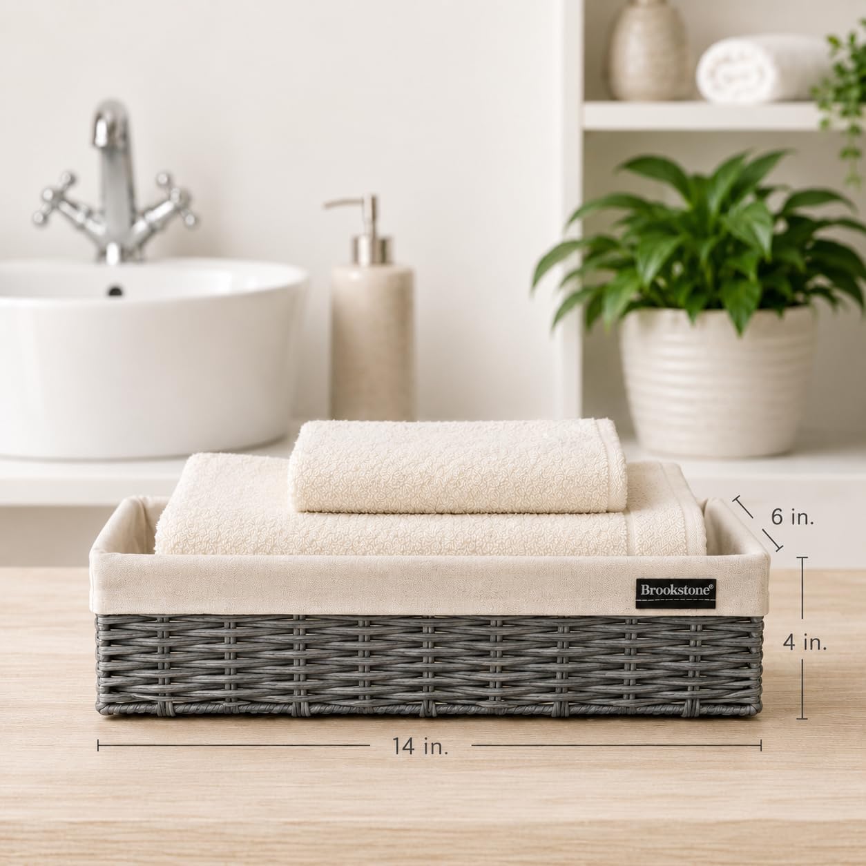 Over the Toilet Tank Wicker Storage Basket / Grey W/ Liner / Set of 2