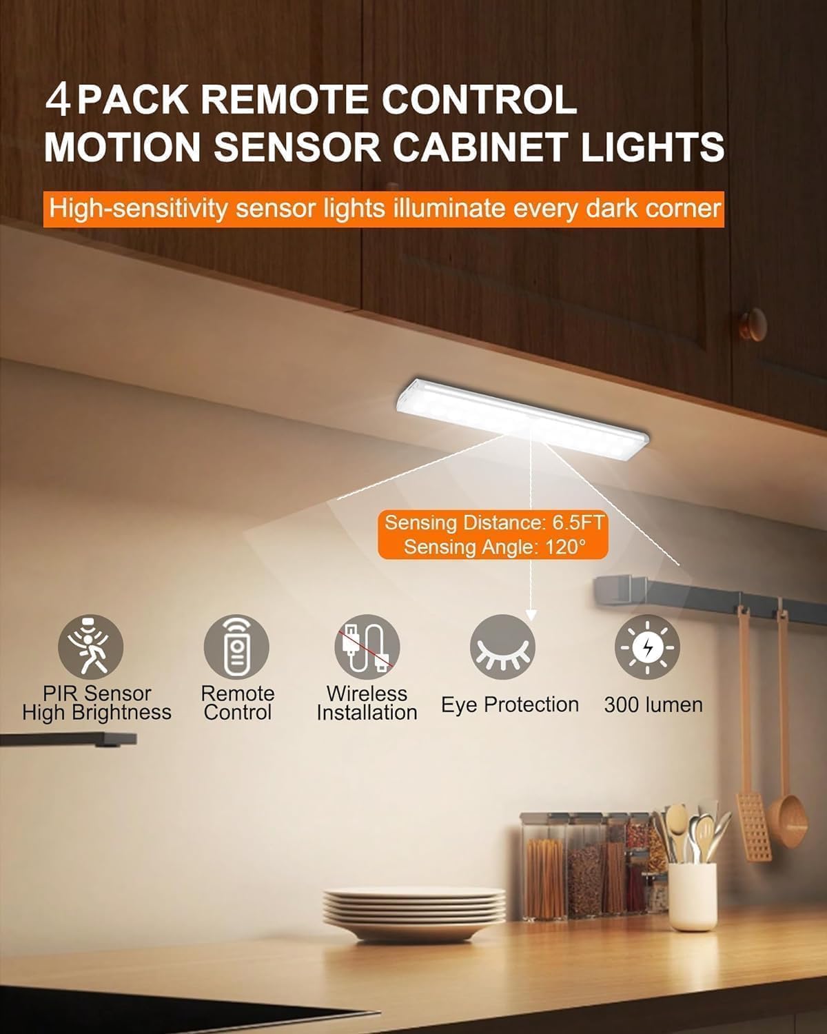 Under Cabinet Lighting Wireless, RGB LED Closet Lights, 4 Pack | 58 LEDs,Rechargeable Motion Sensor Light Indoor