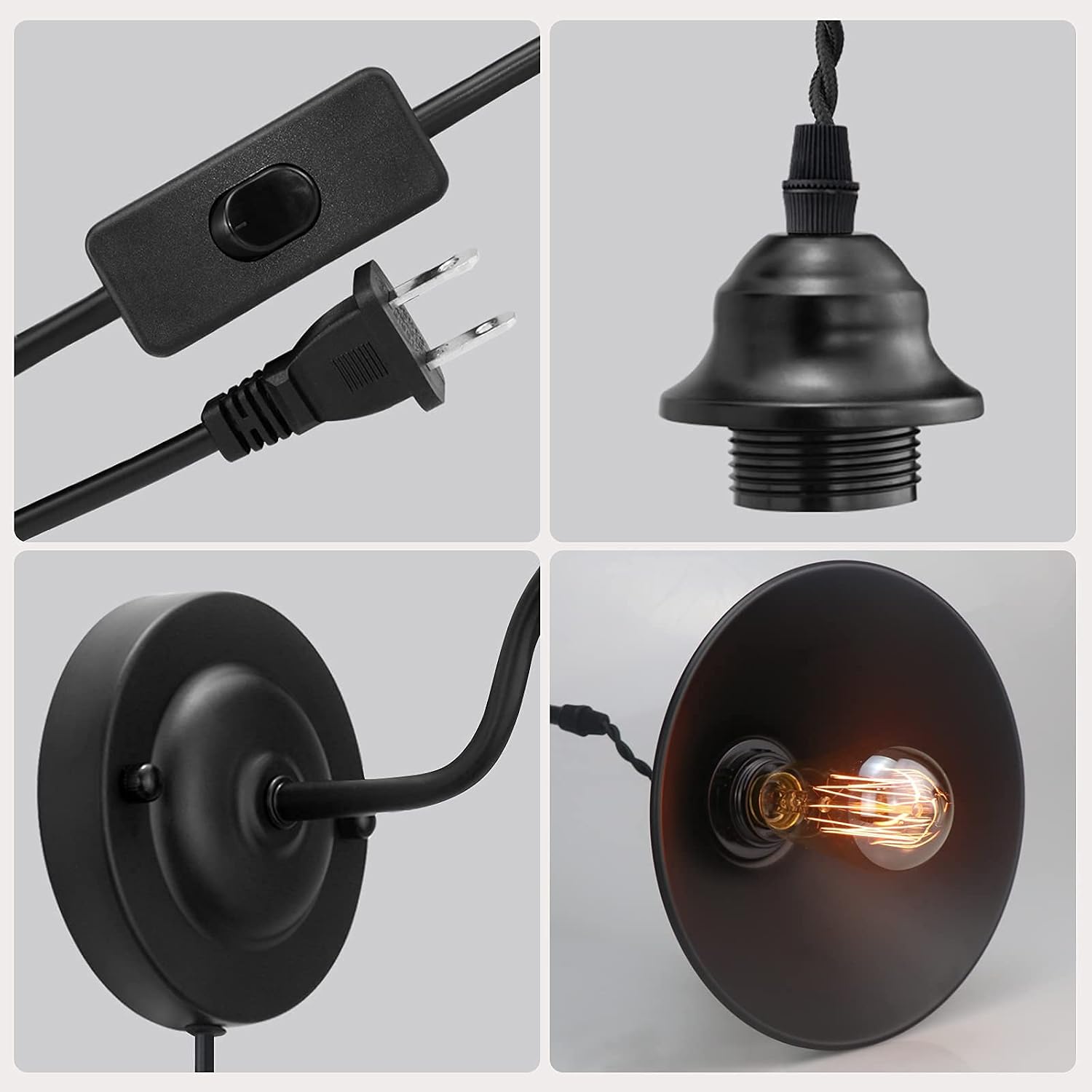 Plug in Wall Sconces, Vintage Plug in Wall Lamp Set of 2 with On/Off Switch, Metal Black Industrial Wall Mounted Light