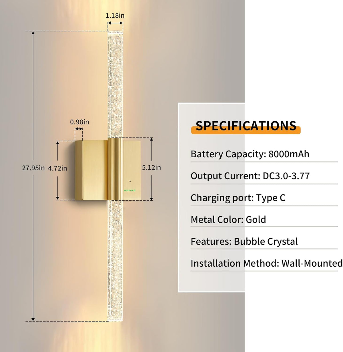 28” Wall Sconces Set of 2, Rechargeable Battery Powered Wall Light | Extra Large 8000mAh Battery Operated Dimmable Led
