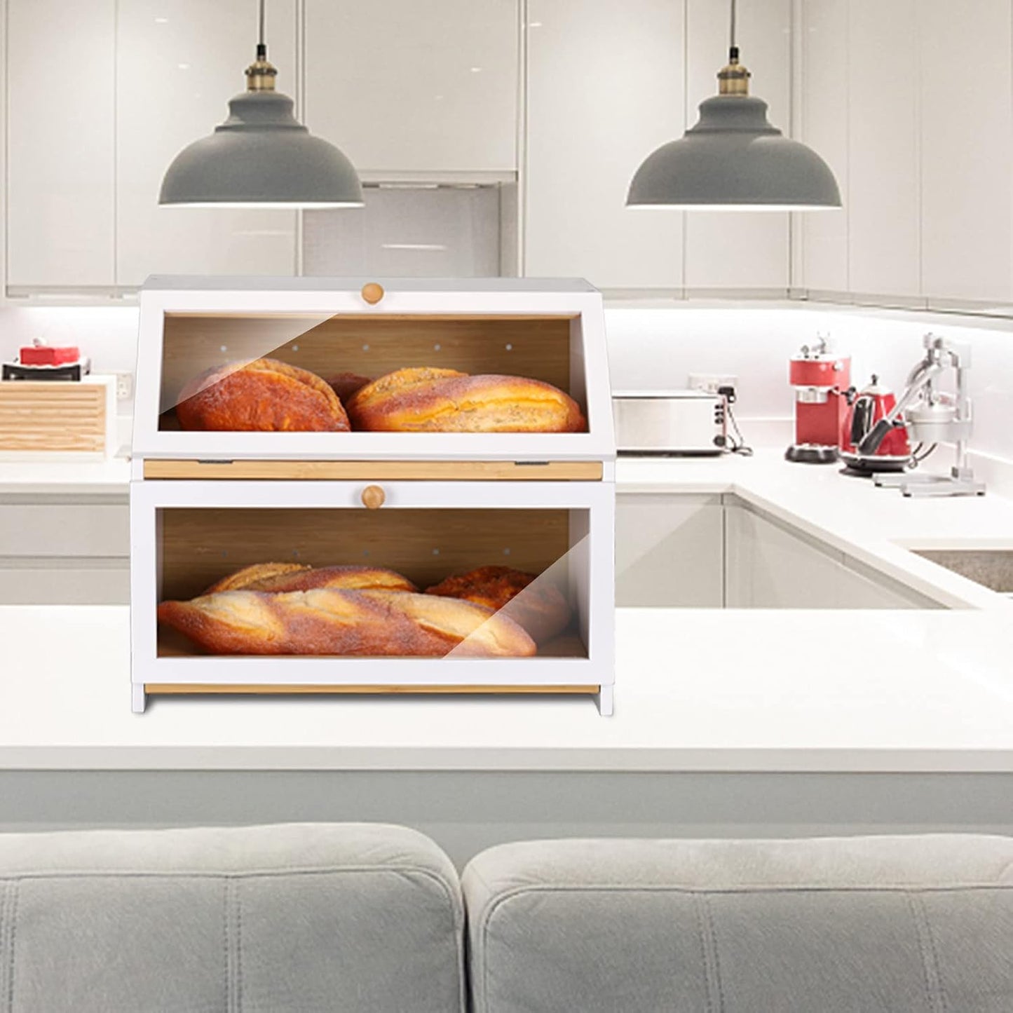 HOMEKOKO Double Layer Wood Bread Box for Kitchen Counter,Keep Fresh, White | Keeps Bread Fresh 3-4 Days, Large Capacity