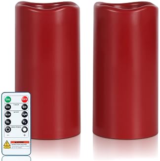 Amagic 3"x6" Red Flameless Candles with Remote, Christmas Battery Operated Candles with Timer, Waterproof LED Pillar Candles for Thanksgiving Table, Home, Outdoor Decor, Plastic, Set of 2