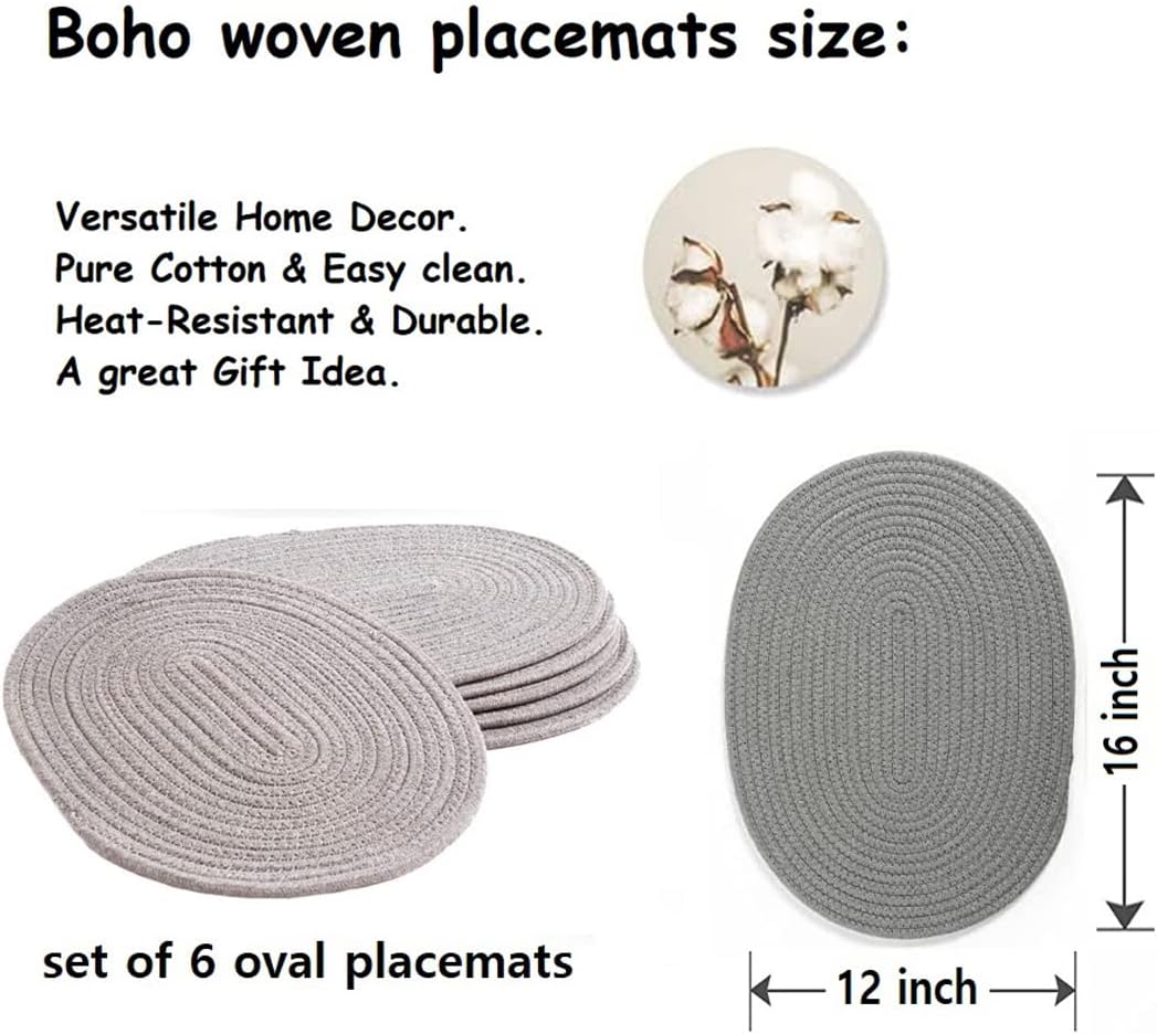 6 Pack Woven Placemats, 12x16 inches Gray Oval Plate Charger Cotton Heat Resistant Non-Slip Weave Place mats Farmhouse