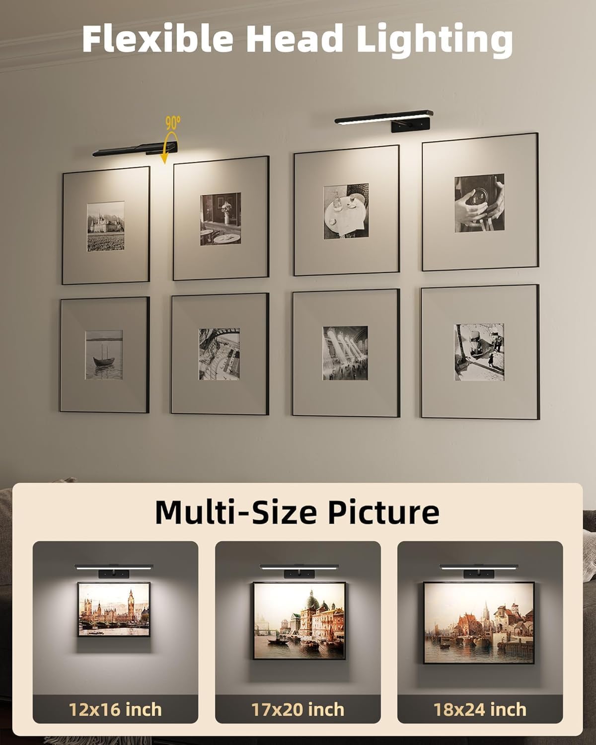EZVALO Picture Light for Wall, 4800mAh Rechargeable Wireless Built-in Battery Lights for Painting, 16'' Lights with IR