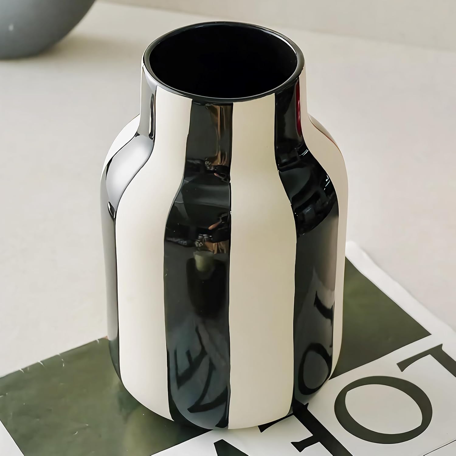 White Striped Ceramic Vase / Black