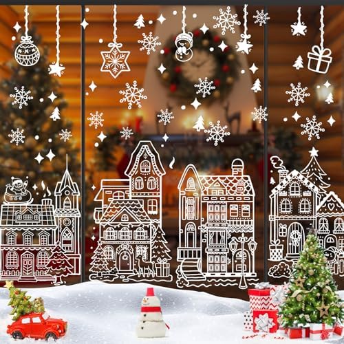 AhfuLife Large Christmas Window Clings Decorations, 27 x 15 in, 4 Sheets Double Side Xmas Snowflake White House Window Decals Stickers for Home Party Indoor Shop Decorations