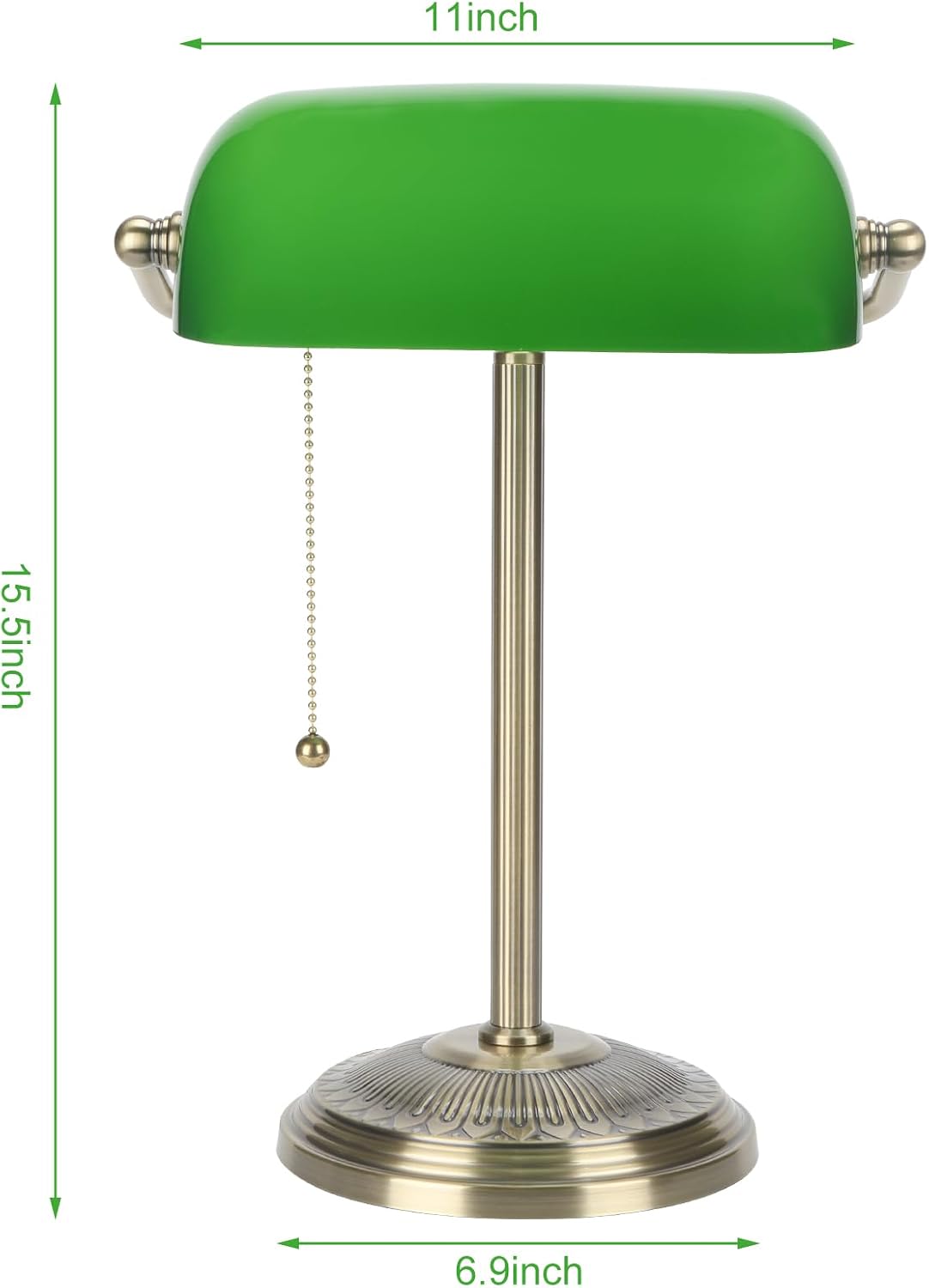 Bankers Lamp, Brass Finish with Pull Switch, Green Glass Shade | Classic Desk Lamp for Home, Office, Study, Piano