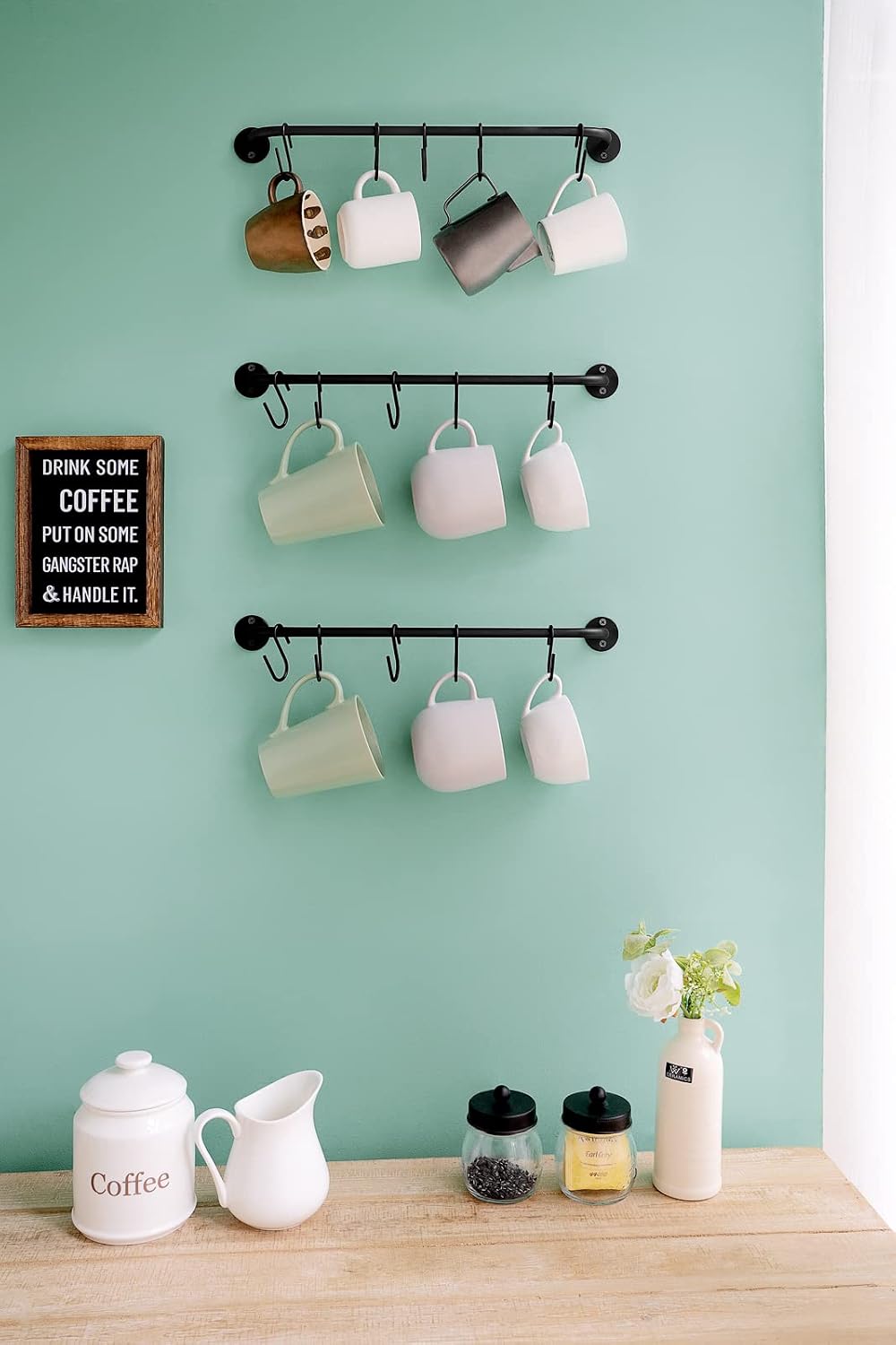 Mkono Mug Holder Wall Mounted Coffee Cup Rack Hanger Modern Metal Wall Rack with 15 Mug Hooks Rustic Utensil Tea Cups