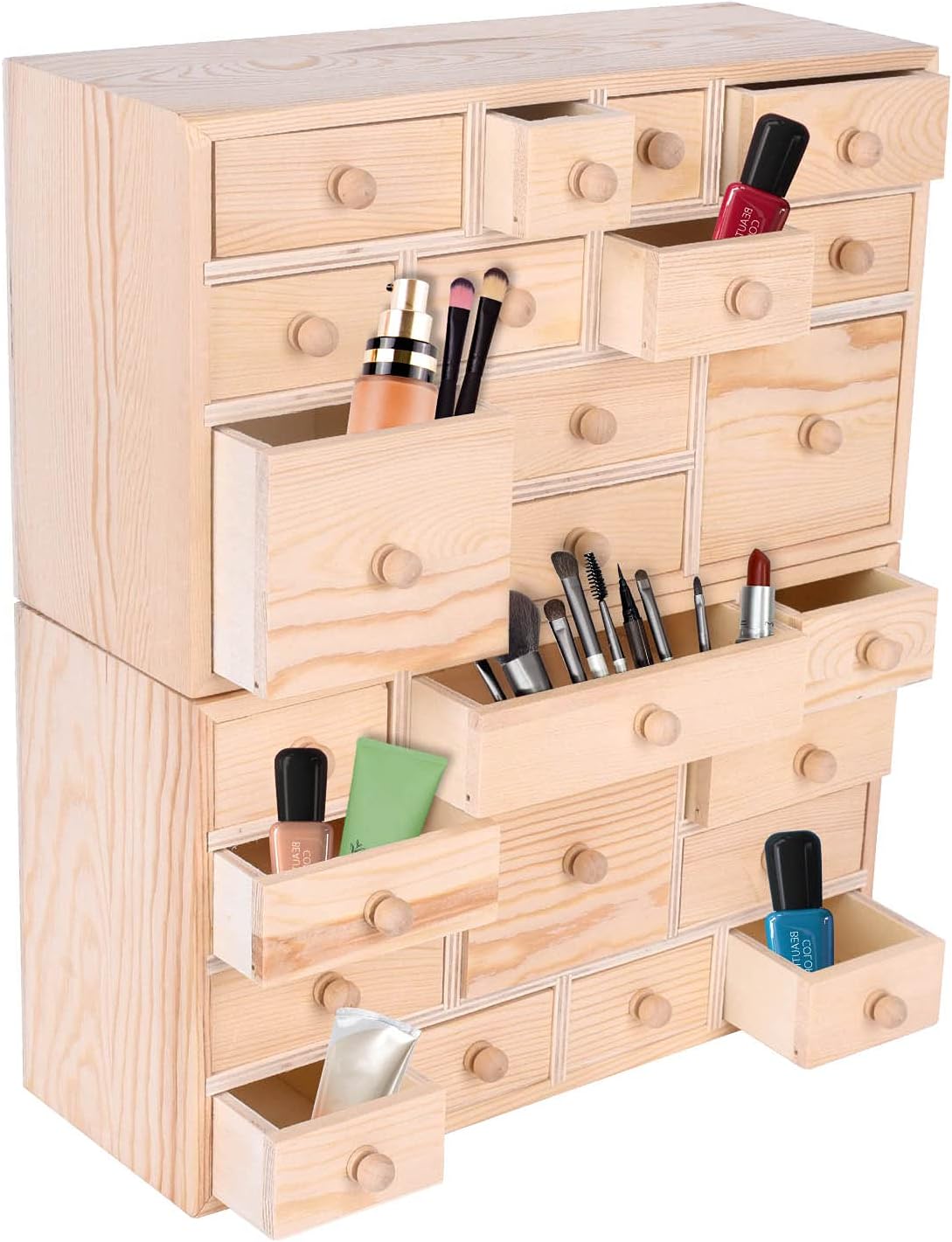 Vencer Set of 2 Wooden Countdown to Christmas Advent Calendar,Craft Storage Organizer with 24 Drawers,DIY Unfinished