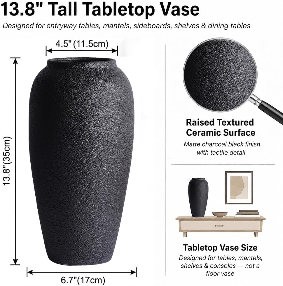 Tall Matte Ceramic Vase / Textured Black / 13.8in