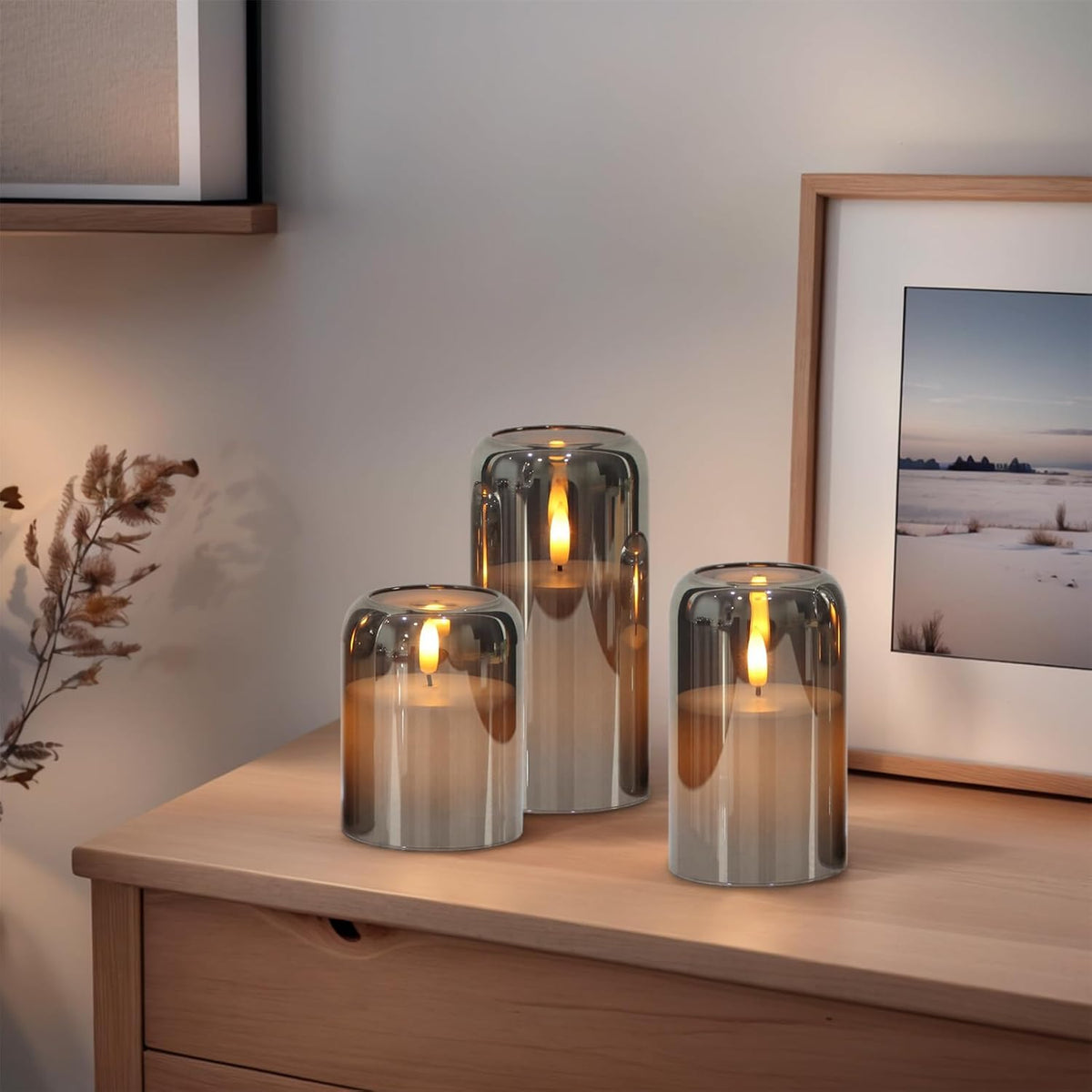 GenSwin Black Glass LED Flameless Candles with Remote Timer | Battery Operated Candles with Flickering, Real Wax Pillar