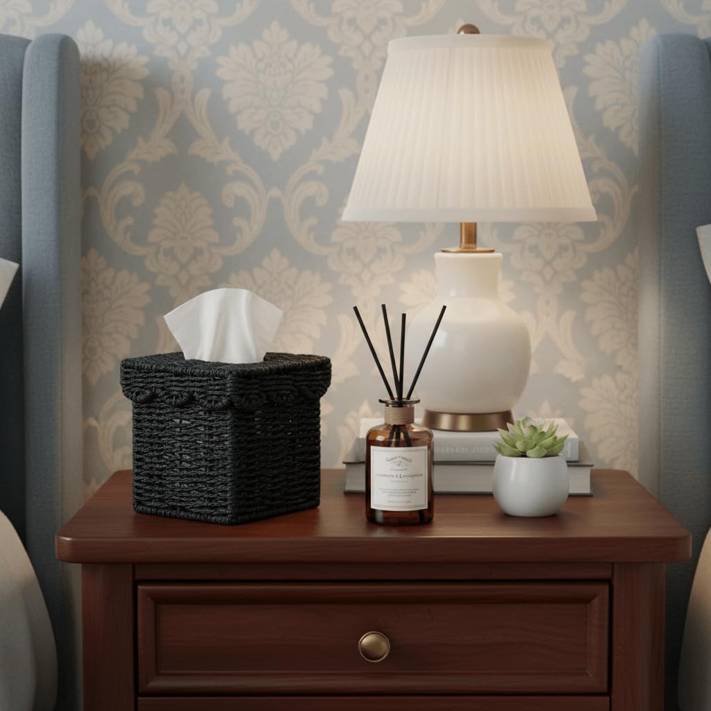 Square Wicker Tissue Box Holder Facial Tissues Boxes w/Scalloped Lid / Black