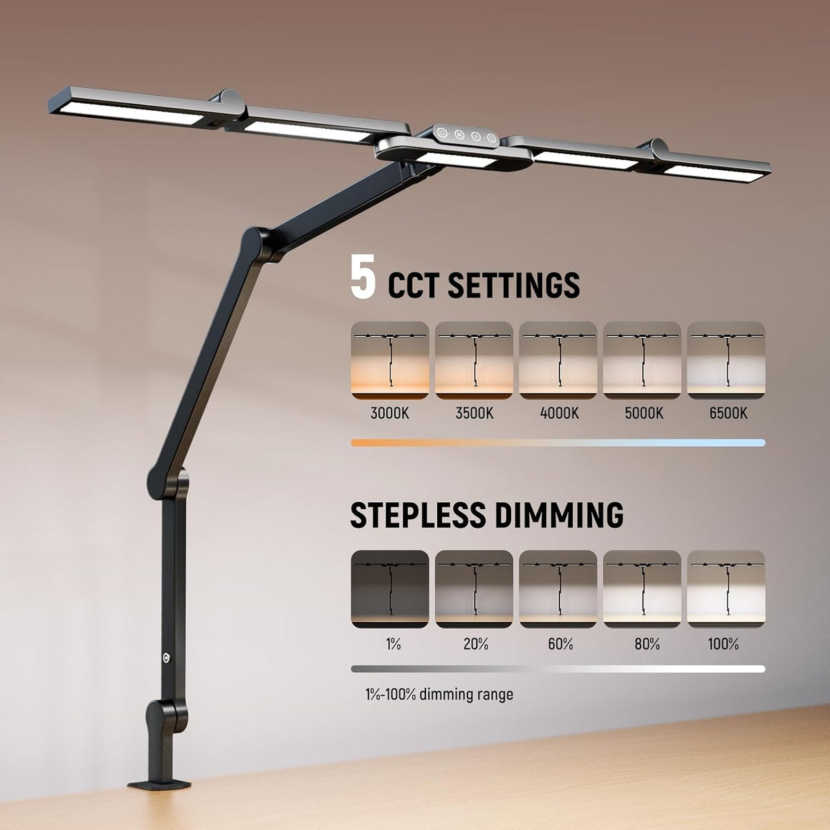NEEWER Basics 32.5" Clip On Desktop LED Light for Home Office, 23W LED Dimmable Architect Lamp with Table Desk Clamp, 5