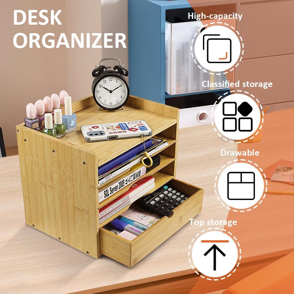 KKTONER 5-Tier Bamboo Desk Organizer with Drawer Tabletop File Organizer Document Holder with Shelf Desktop Cabinet for